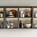 Organized Kitchen Shelves With Various Kitchenware Bowls Plates And Jars