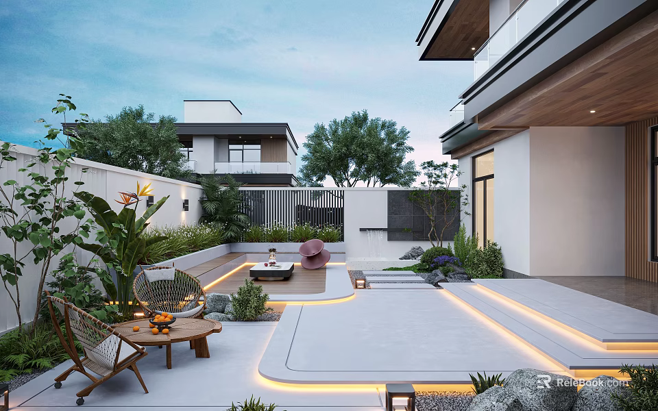 Modern Courtyard Garden Patio Design With Outdoor Seating Wooden Furniture Lighting And Greenery 3d model 