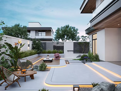 Modern Courtyard Garden Patio Design With Outdoor Seating Wooden Furniture Lighting And Greenery 3d model