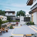 Modern Courtyard Garden Patio Design With Outdoor Seating Wooden Furniture Lighting And Greenery