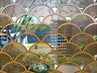 Decorative Golden Metal Room Divider With Scalloped Perforated Pattern Offering View Of Green Garden Scenery 3d model