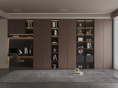 Modern Wooden Bookcase In Study Room With Storage Shelves And Decorative Items 3d model
