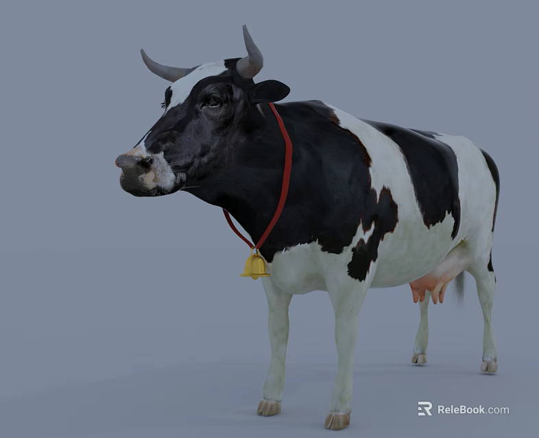 Black and White Farm Cow Standing With Red Collar And Bell 3d model 