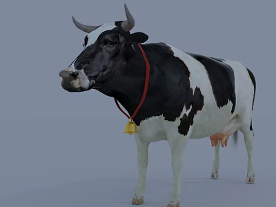 Black and White Farm Cow Standing With Red Collar And Bell 3d model
