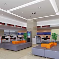 Clean Service Hall Interior With Reception Desk Waiting Area Sofas Screens And Green Plants