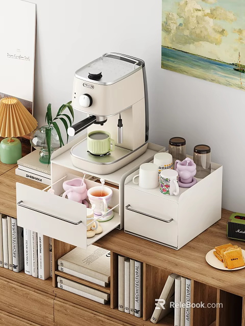 Colorful Ceramic Mugs on White Drawer Cabinet Coffee Station with Coffee Machine and Green Plant 3d model 