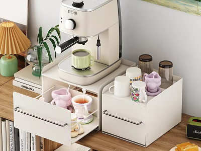 Colorful Ceramic Mugs on White Drawer Cabinet Coffee Station with Coffee Machine and Green Plant 3d model