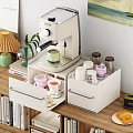 Colorful Ceramic Mugs on White Drawer Cabinet Coffee Station with Coffee Machine and Green Plant