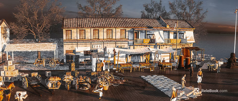 Traditional Village Scenery With Old Buildings Market Stalls Wooden Carts And People Walking 3d model 