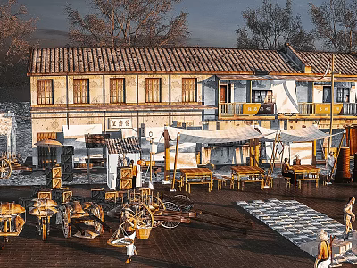 Traditional Village Scenery With Old Buildings Market Stalls Wooden Carts And People Walking 3d model