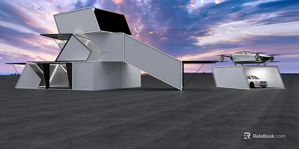 Modern Vacation Home Architecture With Geometric White Exterior And Sunset Sky 3d model 