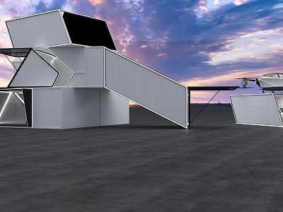 Modern Vacation Home Architecture With Geometric White Exterior And Sunset Sky 3d model