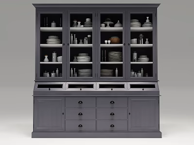 Elegant Gray Sideboard with Glass Doors Showcasing Plates Bowls and Dinnerware 3d model