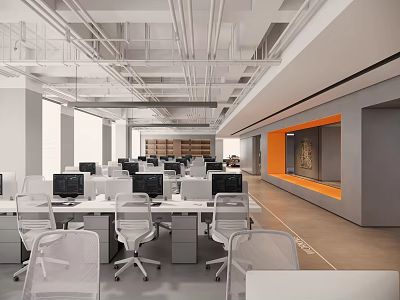 Spacious Modern Office Interior Design With Desks Computers White Chairs Industrial Ceiling And Natural Light 3d model