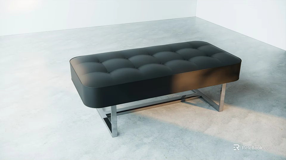Modern Black Leather Sofa Bench With Tufted Cushion And Metal Legs 3d model 