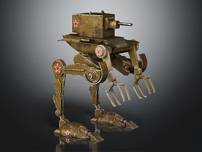 Green Military Mechanical Walker With Red Stars Cannon And Metal Claws 3d model