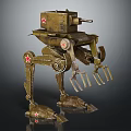 Green Military Mechanical Walker With Red Stars Cannon And Metal Claws