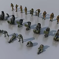 Multiple Military Figures in Various Action Poses Standing Kneeling and Carrying Equipment