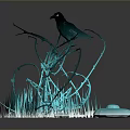 Black Crow Perched on Blue Glowing Vine Structure with Luminous Elements and Reflective Ground 3d model