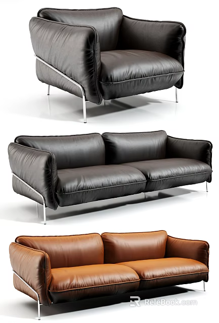 Modern Black And Brown Leather Sofa Set With Metal Legs Modern Design 3d model 