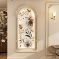 Stylish Foyer Hallway With Arched Floral Mural Illuminated Design And Wooden Cabinet