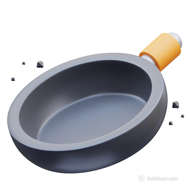 Gray Frying Pan With Orange Handle And Small Black Cooking Crumbs Around It 3d model 