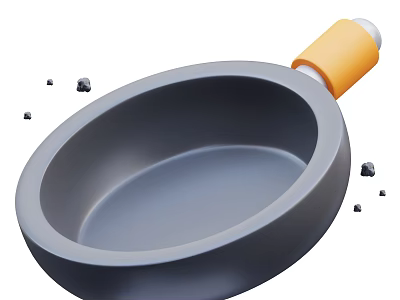Gray Frying Pan With Orange Handle And Small Black Cooking Crumbs Around It 3d model