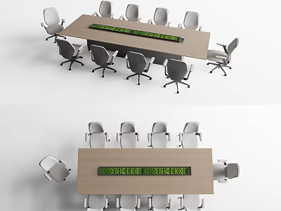 Modern Wooden Conference Table With Gray Rolling Office Chairs And Meeting Room Sign 3d model