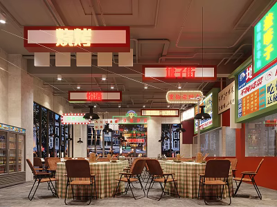 Chinese BBQ Restaurant Interior With Sichuan Snacks Signs Tables Chairs And Hanging Lights 3d model
