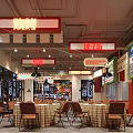 Chinese BBQ Restaurant Interior With Sichuan Snacks Signs Tables Chairs And Hanging Lights