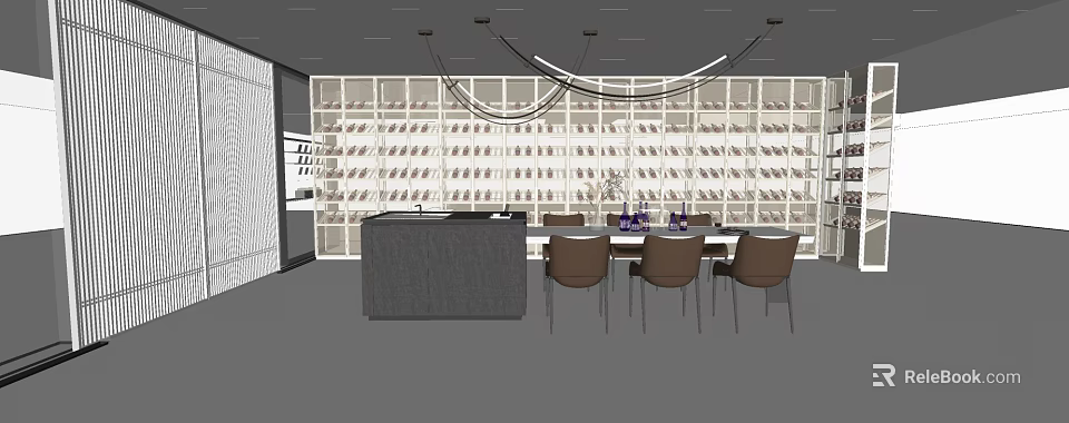 Elegant Wine Cellar Interior With Wall Wine Racks Dining Table And Pendant Lights 3d model