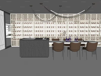 Elegant Wine Cellar Interior With Wall Wine Racks Dining Table And Pendant Lights 3d model