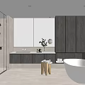Modern Bathroom Interior Design With Free Standing Bathtub Shower Enclosure And Wooden Marble Vanity