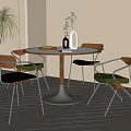 Modern Round Dining Table And Chairs With White Top Metal Base Wooden Accents And Plants