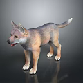 Realistic 3D Dog Puppy Model With Brown Gray Fur Standing On Dark Reflective Background