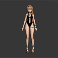 3D Female Character With Orange Long Hair Black Swimsuit Accessories Sandals And Gray Background