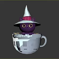 Purple Cat Wearing Wizard Hat Sitting In White Cup With Pink Heart Design