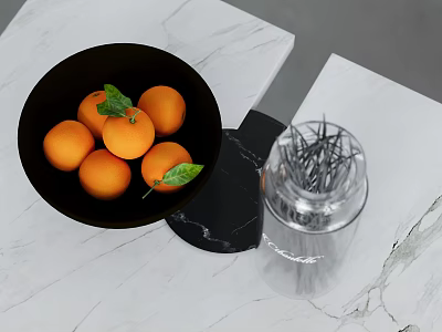 Fresh Oranges in Black Bowl With Green Leaves and Glass Bottle on White Marble 3d model