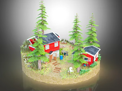 Cartoon Scene Featuring Red Houses With Black Roofs And Tall Green Pine Trees 3d model