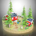 Cartoon Scene Featuring Red Houses With Black Roofs And Tall Green Pine Trees