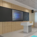 School Classroom Interior With Blue Desks Chairs Large Screen And Wooden Walls