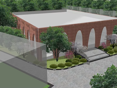 Red Brick Building With Arched Windows Surrounded By Trees Landscaped Garden And Stone Steps 3d model