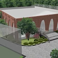 Red Brick Building With Arched Windows Surrounded By Trees Landscaped Garden And Stone Steps