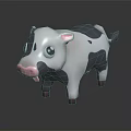 Black White 3D Cartoon Cow Character With Big Eyes Pink Nose Blue Ears Tail