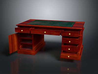 Traditional Wooden Desk With Green Leather Top And Multiple Drawers Featuring Golden Knobs 3d model