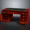 Traditional Wooden Desk With Green Leather Top And Multiple Drawers Featuring Golden Knobs