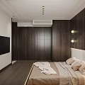 Modern Bedroom Interior With Wooden Wall Panels Platform Bed Bedside Lamps And Large Window