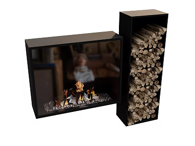 Modern Fireplace With Glass Door Realistic Flame Effect And Wood Stack Interior Design 3d model