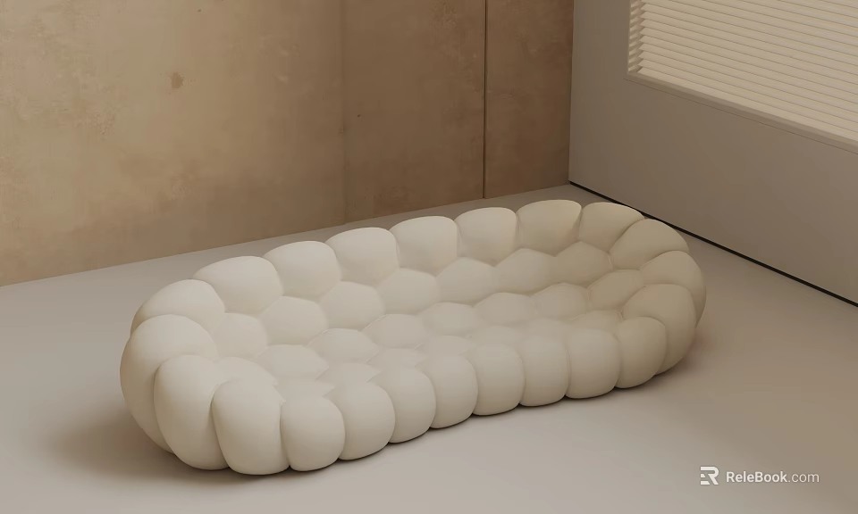 White Cloud Shaped Three Seater Sofa With Round Puffy Cushions In Light Colored Room 3d model 
