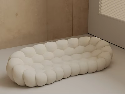White Cloud Shaped Three Seater Sofa With Round Puffy Cushions In Light Colored Room 3d model